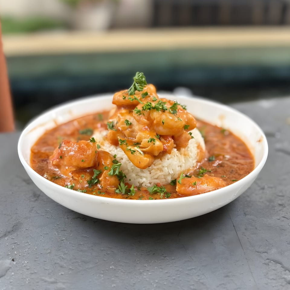 Doolittle's shrimp and grits, a white bowl filled with rice, shrimp, and red sauce.