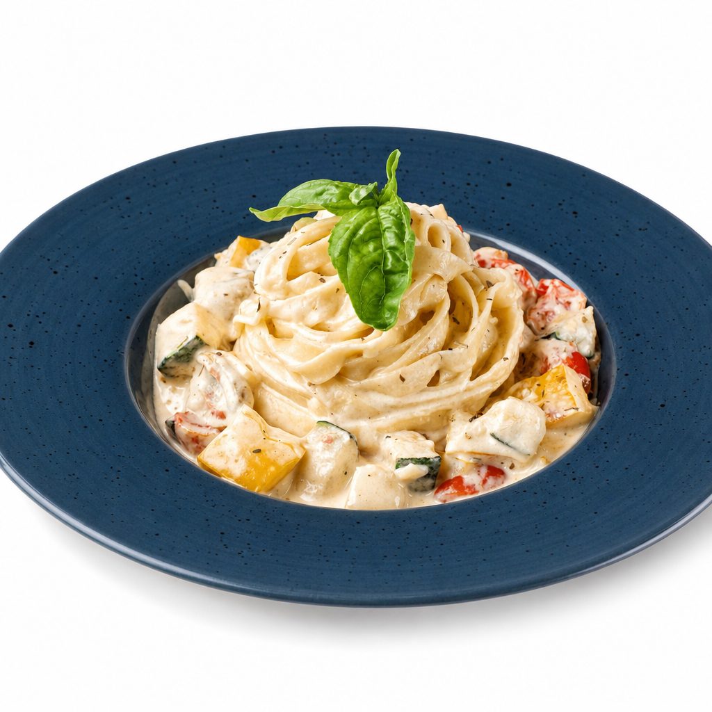 Crab and shrimp alfredo pasta.