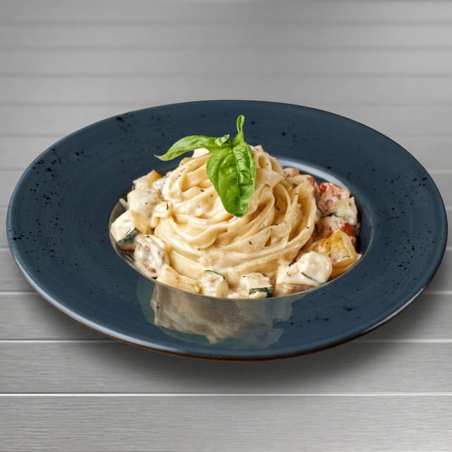 Crab and shrimp alfredo pasta.
